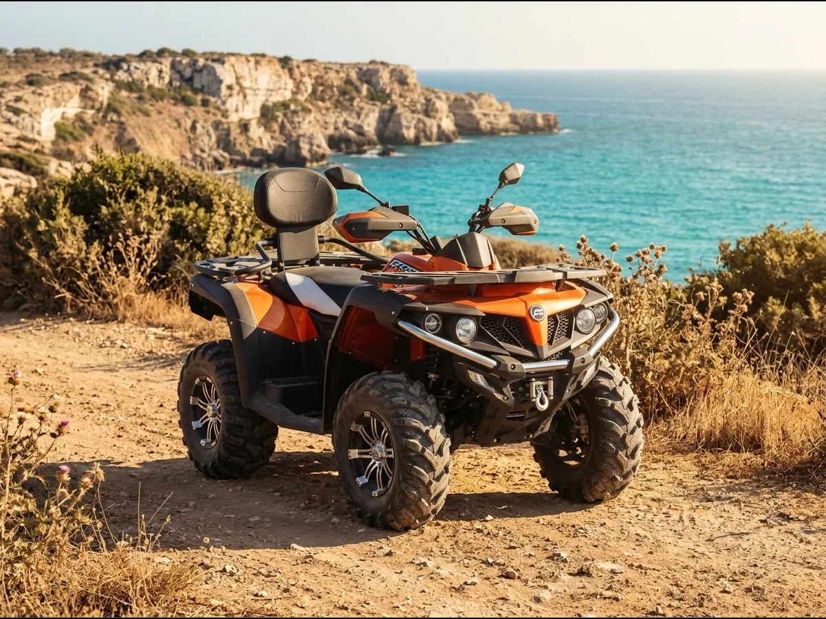 CFMoto CForce 550 quad on a coastal dirt track near Paphos